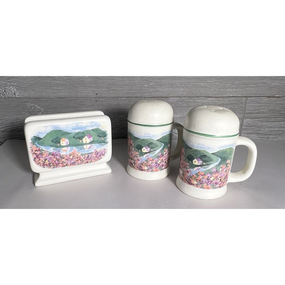 Treasure Craft Salt Pepper Shakers Napkin Holder French Village Made in USA